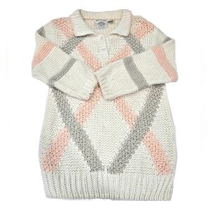 ✨2/$25 Helium Vintage Hand Knitted Women Cream Pink Gray Collared Baggy Sweater
